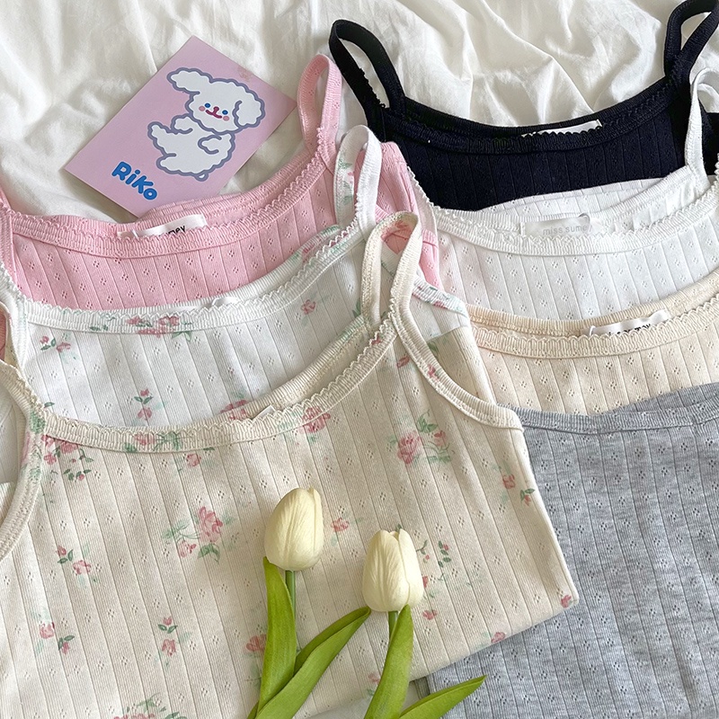 Musim panas gadis keinginan murni warna krim berongga kecil bunga budidaya diri semua-cocok bottoming kamisol kecil