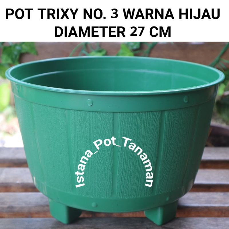 GROSIR POT BUNGA TANAMAN TRIXY MOTIF KAYU KAKI WARNA HIJAU NO.3 8318 DIAMETER 27 CM