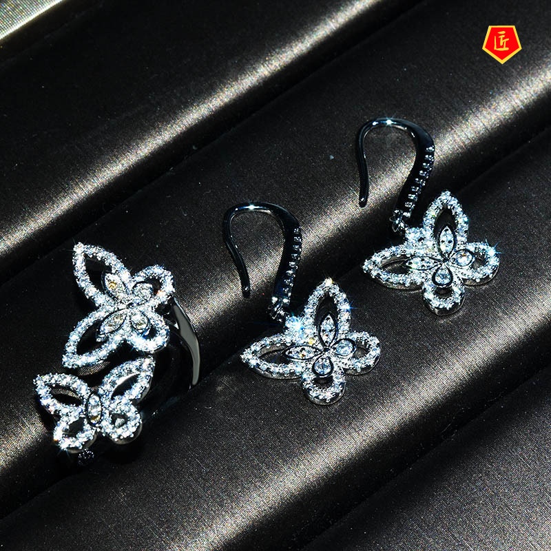 [Ready Stock]Fairy Luxury Suit Full Diamond Butterfly Earring Ring