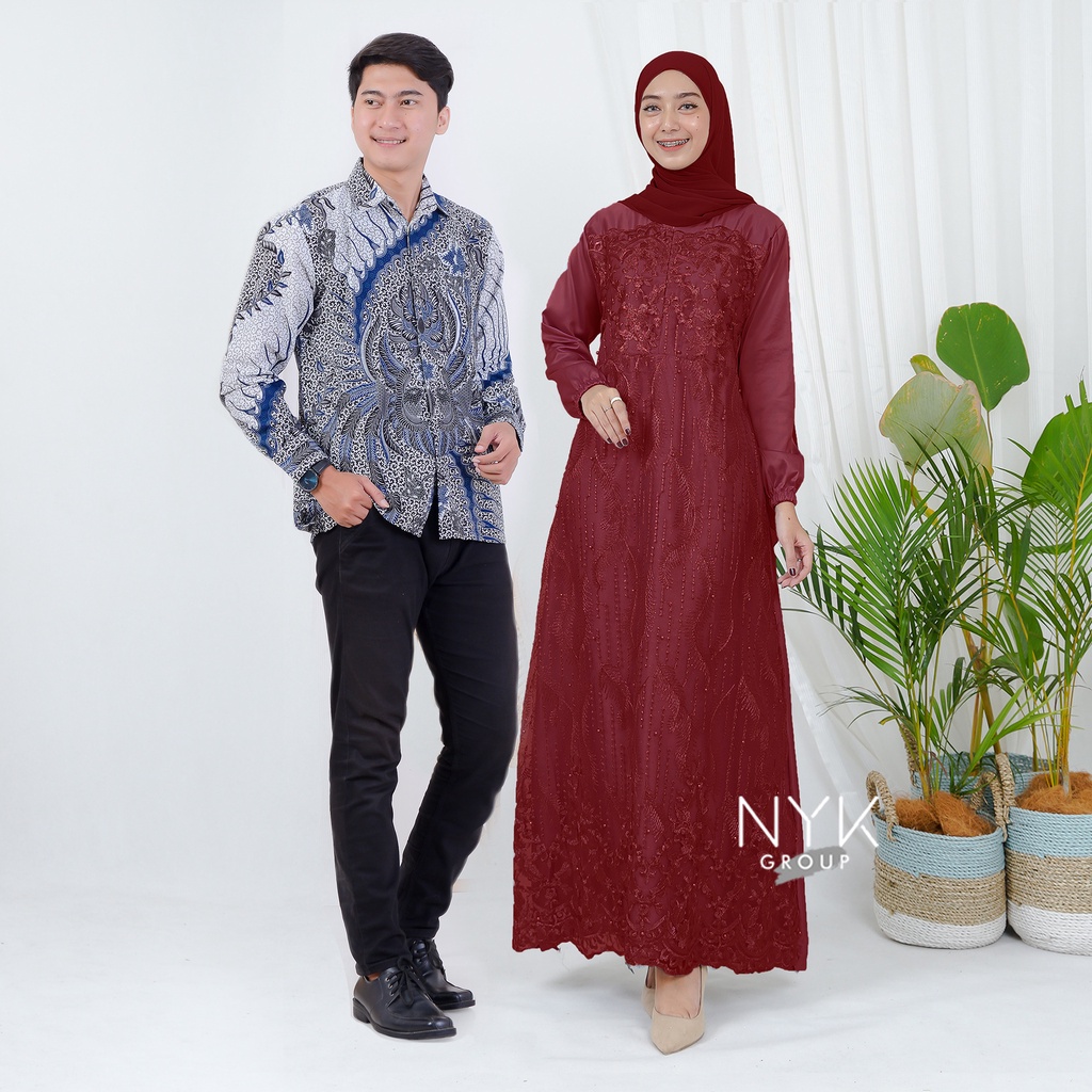 SPESIAL GAMIS COUPLE LEBARAN 2022 - BATIK COUPLE DRESS ALANA LENGAN PANJANG - BATIK COUPLE BRUKAT TULLE MODERN