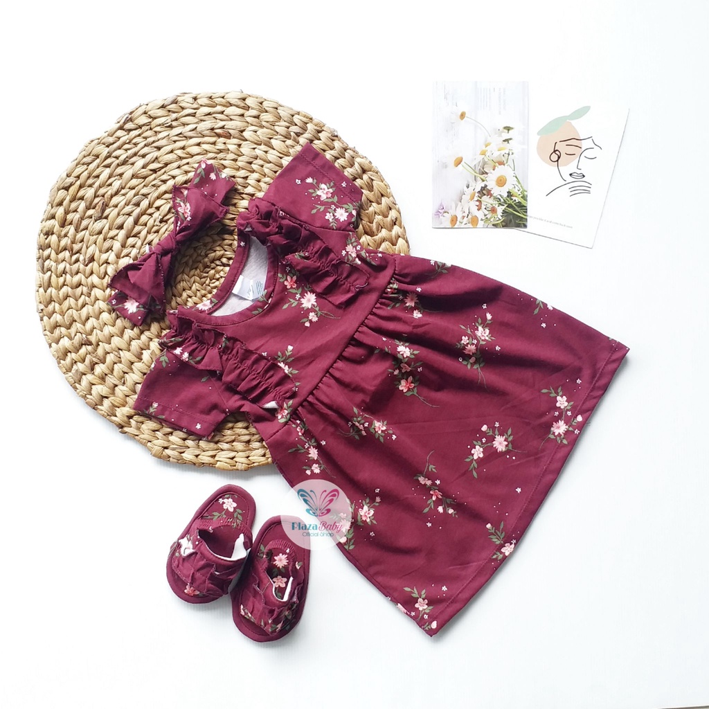 Plazababyku MX GISELLE SET SANDAL setelan bayi motif bunga yang lucu free headband + sandal