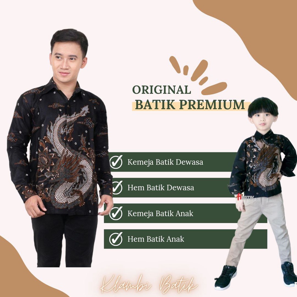 Kemeja Batik Pria Lengan Panjang Motif Naga Warna Hitam // Couple Batik Ayah Dan Anak Laki - laki