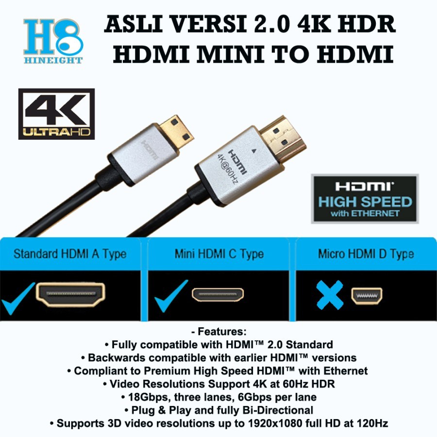 Kabel Mini HDMI To HDMI 2 Meter Versi 2.0 Ultra HD 4K 2160P@ 60Hz HDR (HINEIGHT(H8)) - H8-HC2M