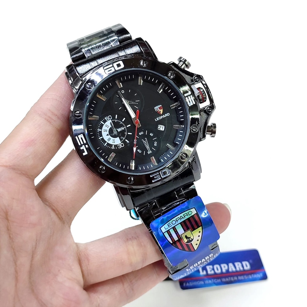 BEST SELLER JAM TANGAN PRIA LEOPARD X60 TALI RANTAI CHRONO HIASAN TANGGAL AKTIF DM 4.8CM FREE BOX BATERAI CADANGAN || JAM TANGAN FASHION PRIA JAM TANGAN COWOK MURAH LEOPARD