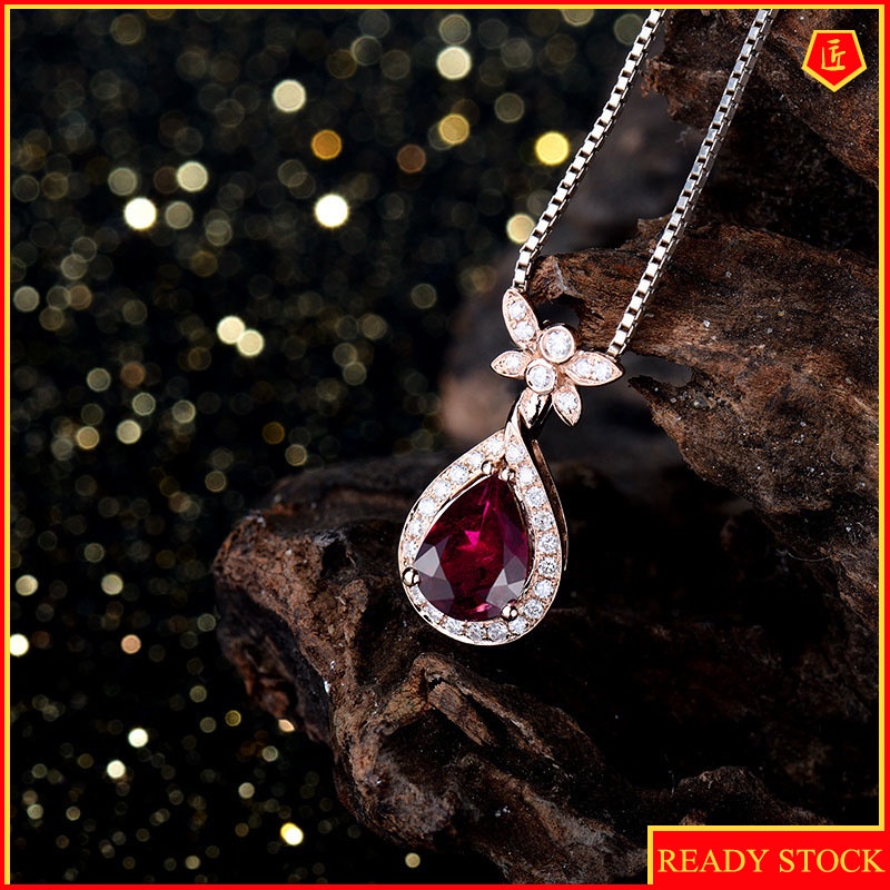 [Ready Stock]Red Purple Gemstone Pendant Silver Necklace Women's Japanese and Korean Style Simple Fashion