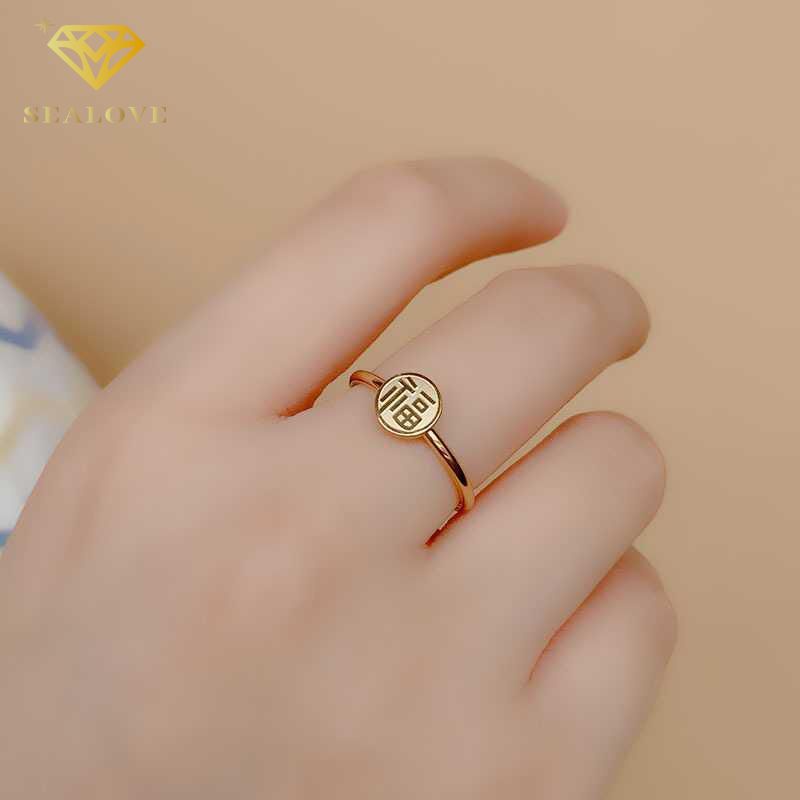 Cincin Titanium Wanita Anti Karat Asli Premium Ring &quot;Fu&quot; Cina anti luntur Aksesoris Wanita