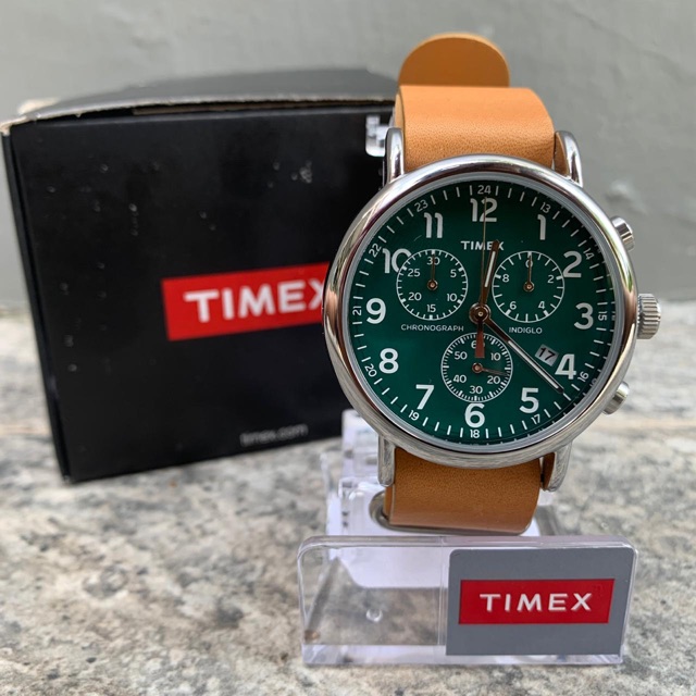 Timex Weekender Chronograph Tan Leather Strap w/Green Dial Watch TWC066500