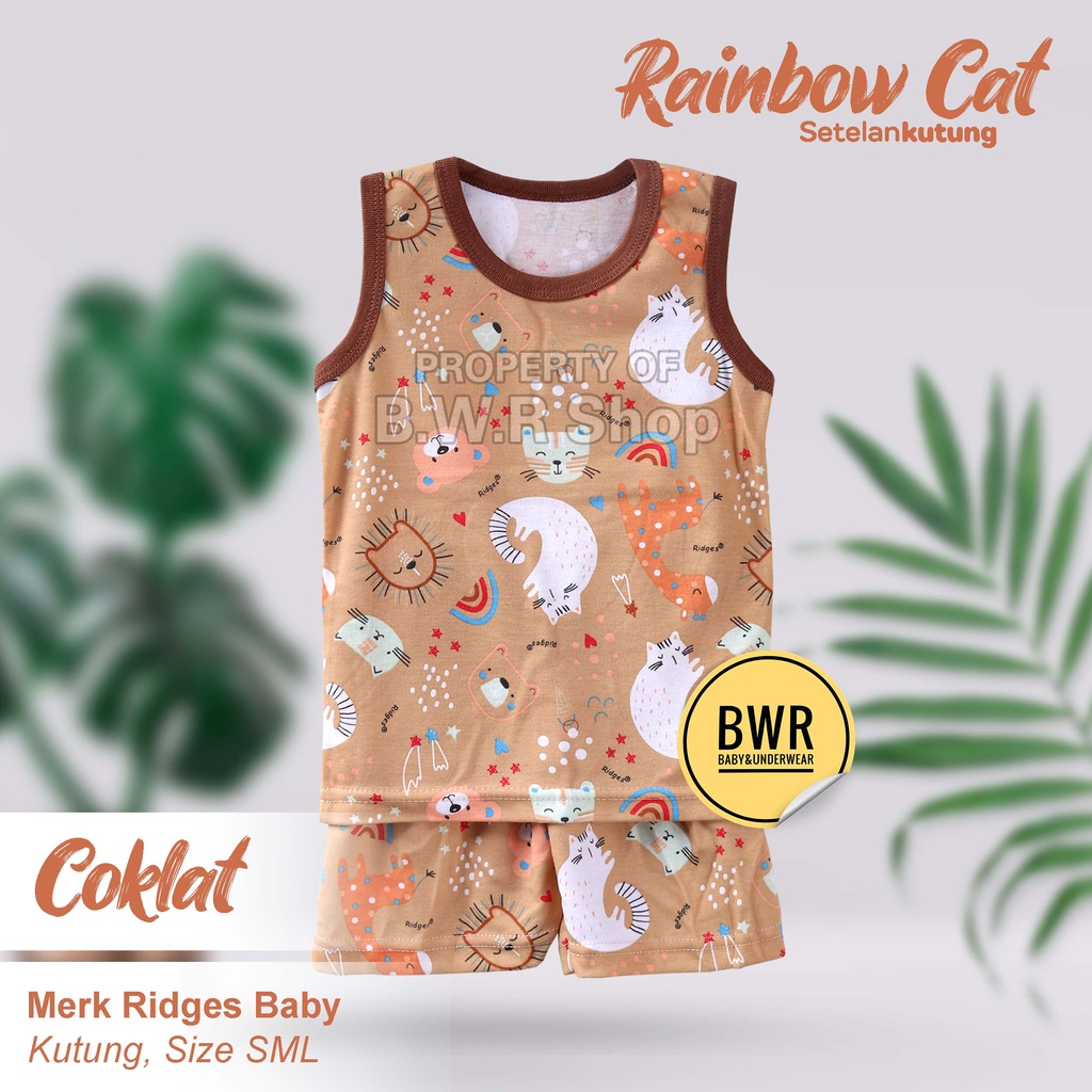 [ 3pc ] Setelan RIDGES KUTUNG Rainbow CAT / Piyama Anak Lengan Kutung Unisex | Bwr