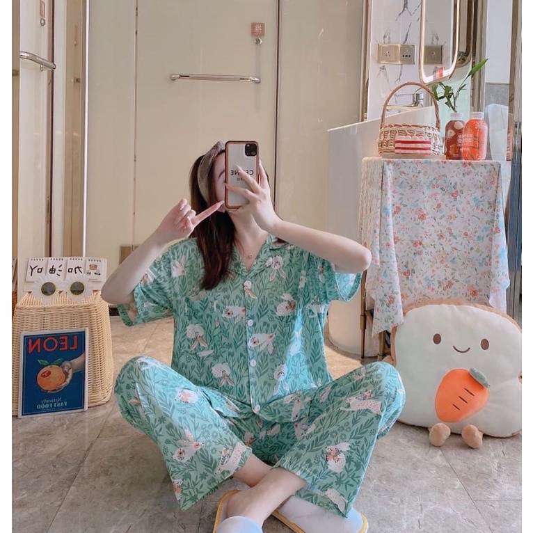 JC Piyama Set CP import / Piyama wanita CP / Piyama wanita Import murah-Rabbit Leaf Green CP
