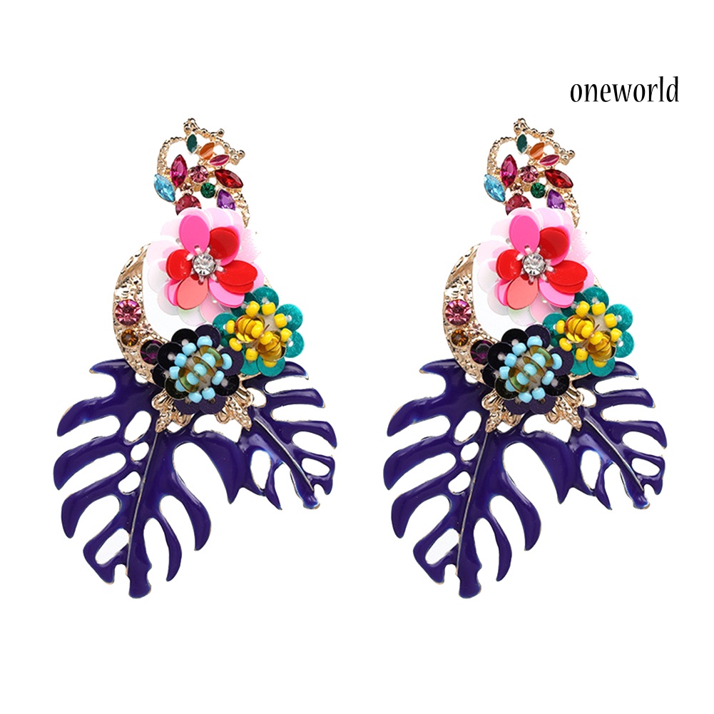 OW@ Vintage Women Leaf Flower Colorful Sequins Beads Rhinestone Statement Earrings