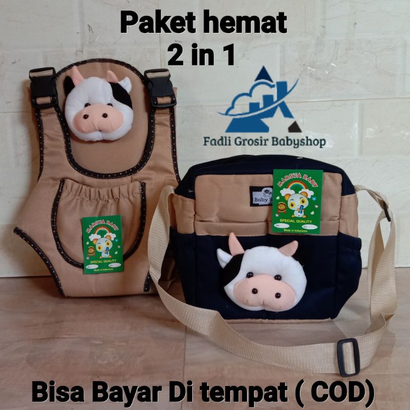 Paket Hemat ( 2 in 1 ) Tas Bayi Boneka Sapi Dan Gendongan Bayi Depan Ransel