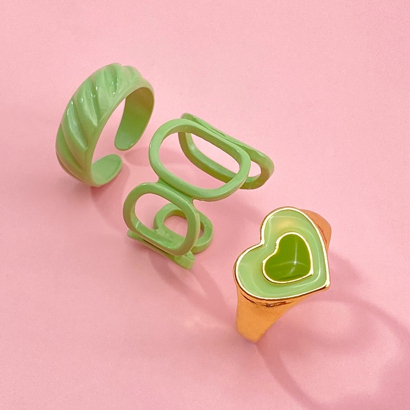 3pcs / Set Cincin Desain Bordir Hati Bahan Metal Warna Hijau Untuk Wanita