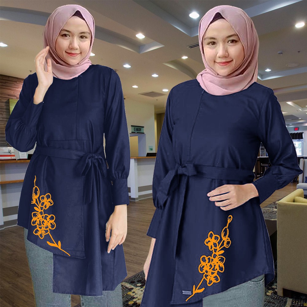 Mutia Tunik Crinkle Airflow / Tunik Muslim / Tunik Wanita / Marsi Tunik / Lexoir-Navy