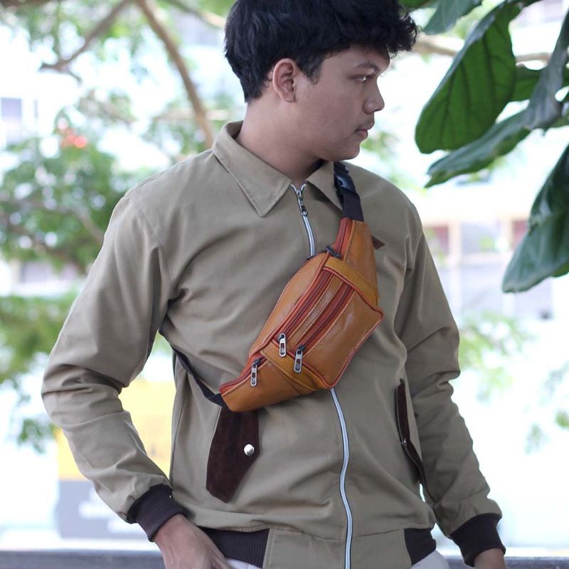 Tas Selempang Kulit Terbaru Pria Coklat | Waistbag Tas Bahan Viena Premium | Salempang Slingbag