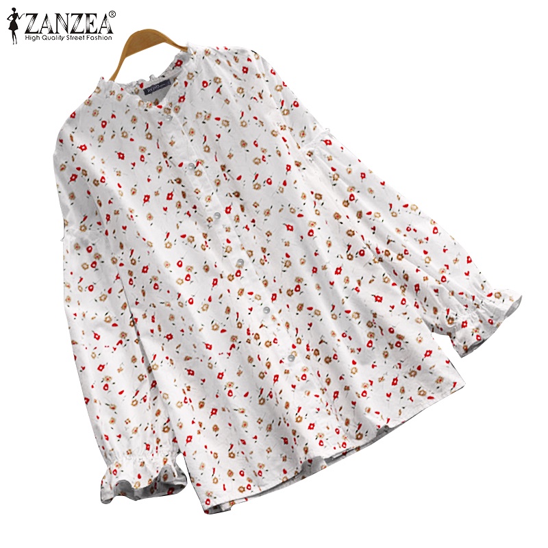 ZANZEA Women Full Sleeved Holiday O-Neck Blouse Puff Sleeved Floral Shirts