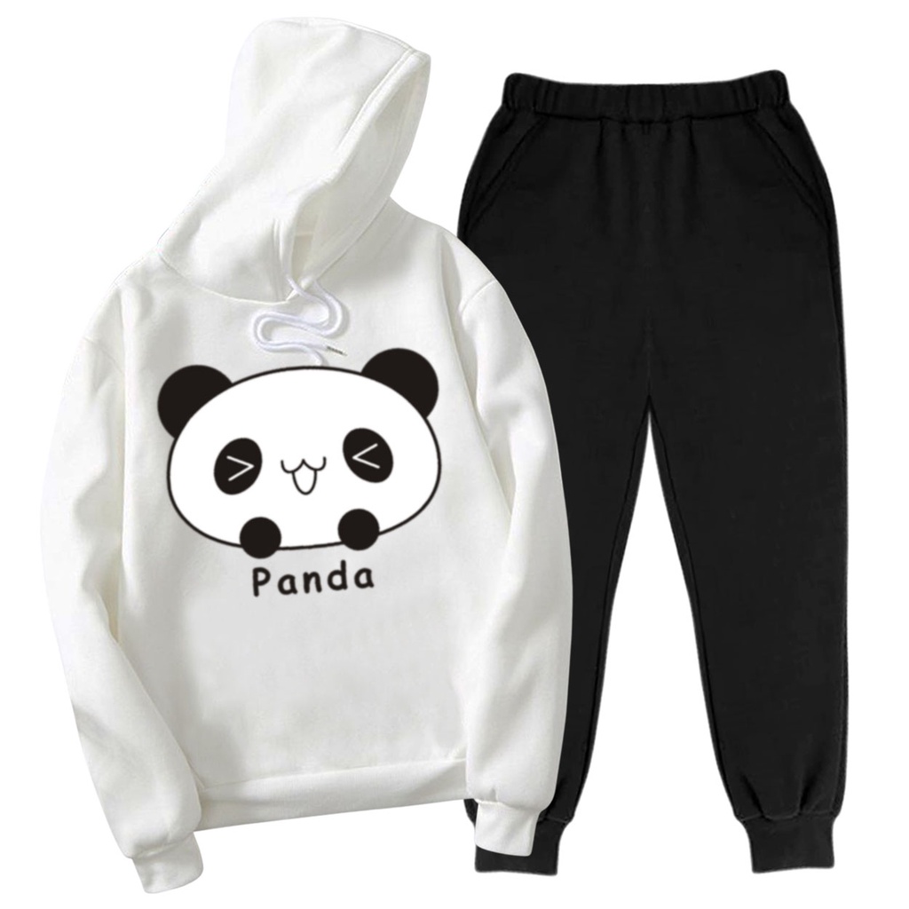 BESS - Setelan Hoodie Wanita Murah / Setelan Hoodie + Jogger Hitam - PANDA CUTE