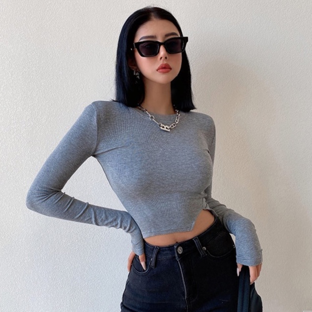 【LIVIAHOME】Korean Sexy Asymmetric Hem Crop Top 7297