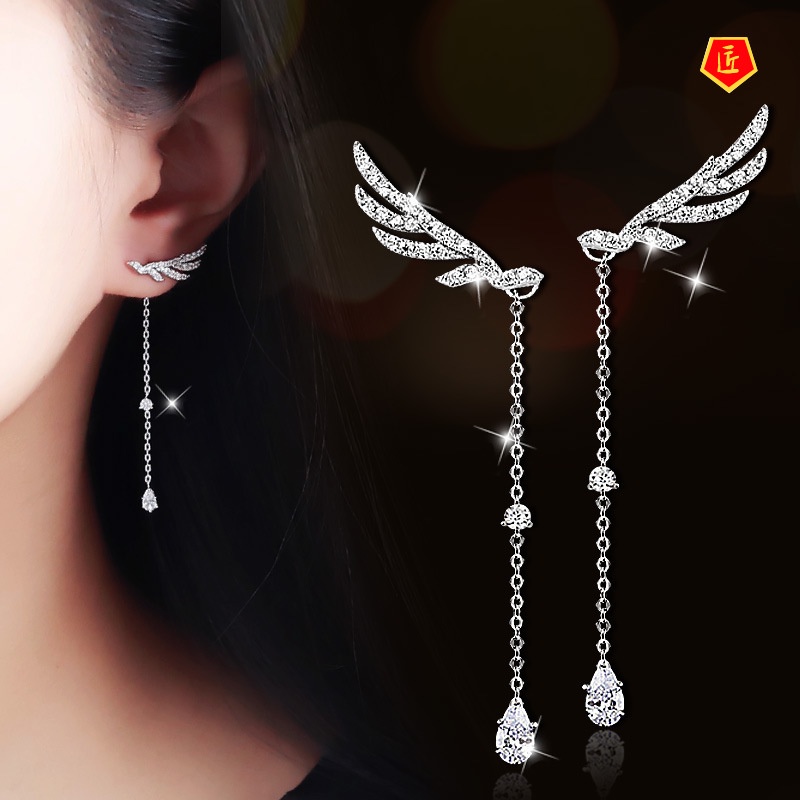 [Ready Stock]Long Elegant Silver Wings Stud Earrings for Women