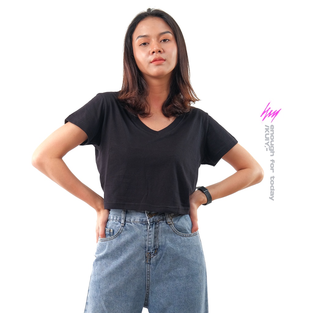 Kuiy - Enough - Crop Top V Neck Hitam Hijau Army Maroon Putih Crop Top Korea Kaos Wanita Crop Tee Basic T-shirt Kaos Vneck Premium