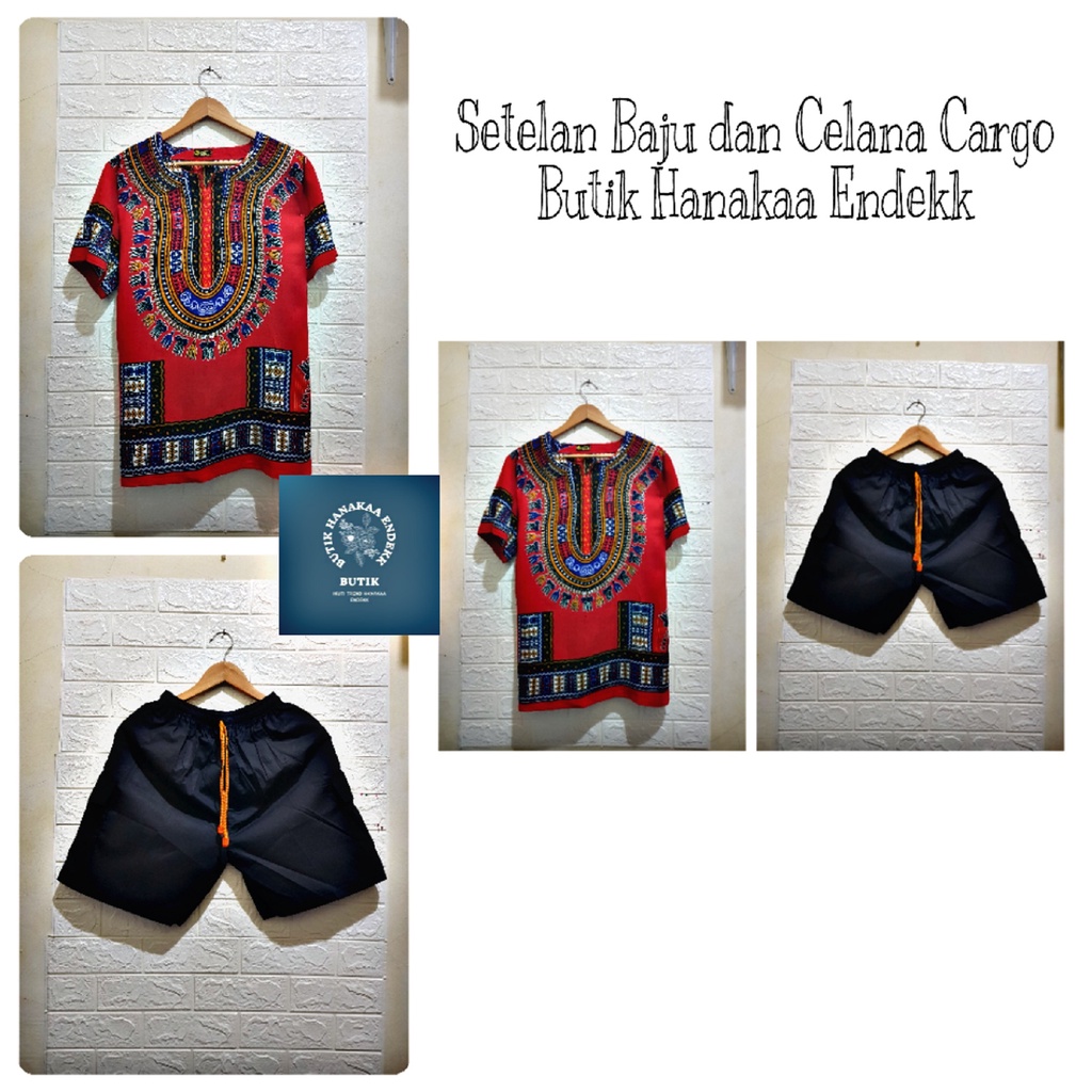 Setelan Baju dan Celana Cargo Etnik Dashiki Kotak Pria/Wanita (Unisex)