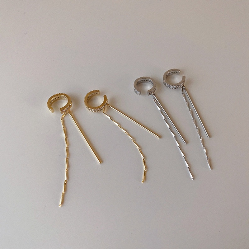 Anting Klip Tanpa Tindik Bentuk C Rumbai Panjang Hias Zircon Untuk Wanita