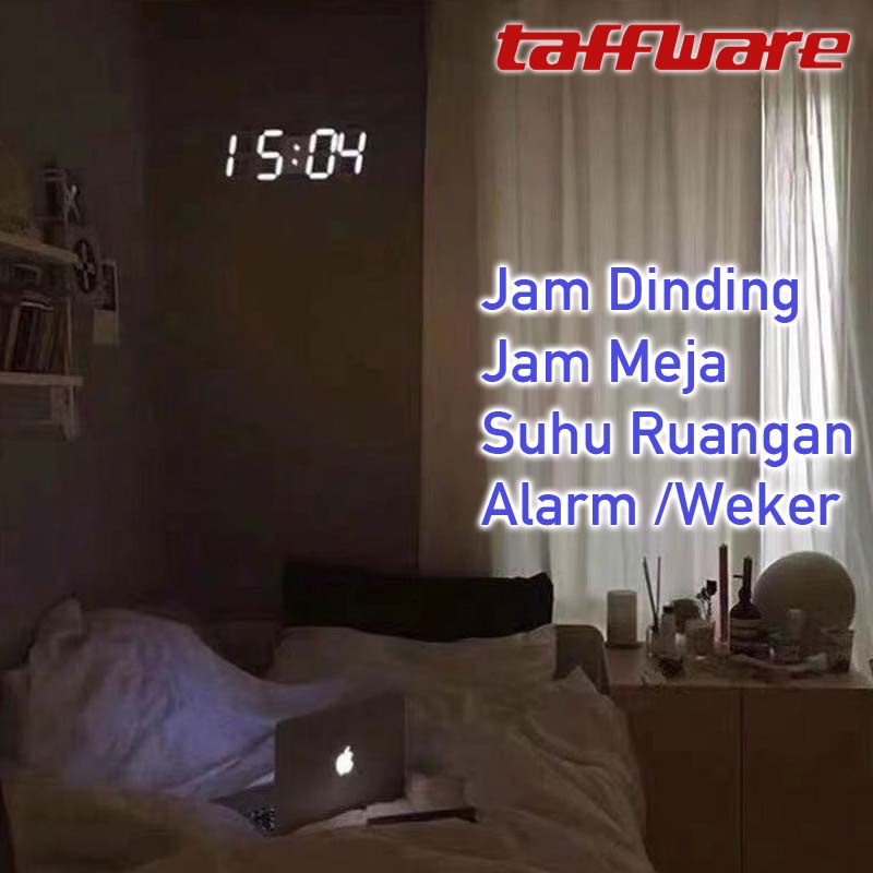 Taffware Jam Dinding Digital plus Suhu ruangan bisa jadi Jam Meja Digital Clock jam weker alarm alaram beker lonceng bangun pagi jam kamar tidur dekorasi kamar tidur Digital Alarm Clock Led Electrci Mini Silent Wall Clock for Bedroom Home Decor Smart