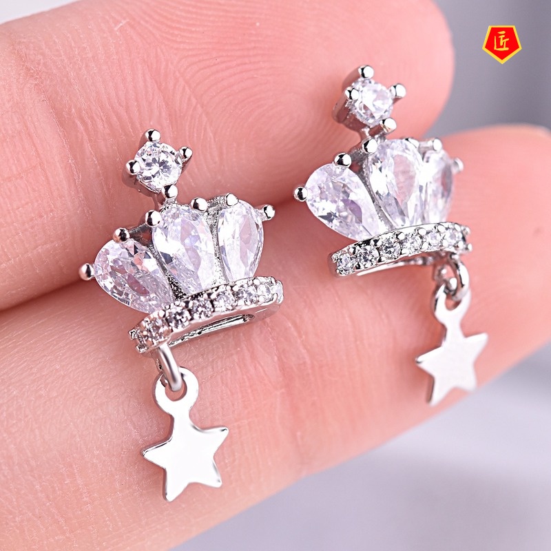 [Ready Stock]Silver Fashion Elegant Mini Crown Female Stud Earrings