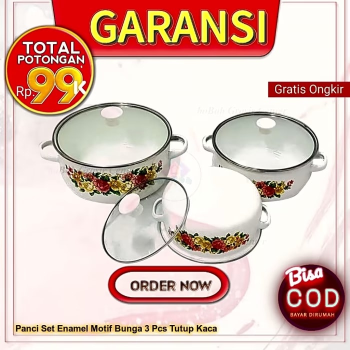 Panci Set Enamel Motif Bunga 3 Pcs Tutup Kaca