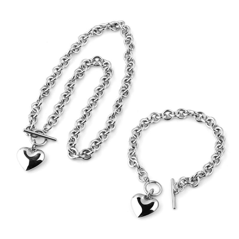 SIY  1Set Women Ladies Stainless Steel Chain Heart Shaped Toggle Bracelet Pendant Necklace for Jewelry Gifts Decor