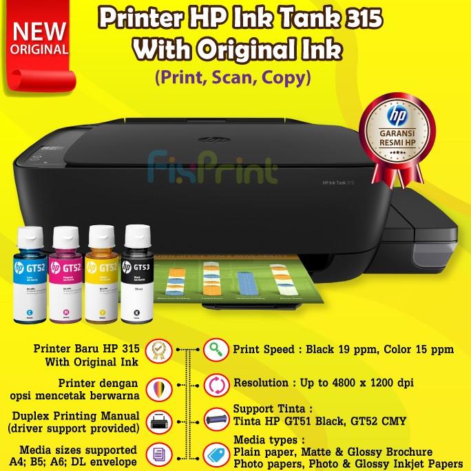 

Printer HP Ink Tank 315 Print Scan Copy All-in-One Color GT51 GT52