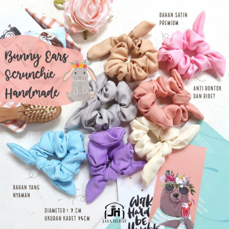 BUNNY EAR SCRUNCHIE IKAT RAMBUT KOREA KUNCIRAN SCRUNCHIES SATIN SILK CEPOL