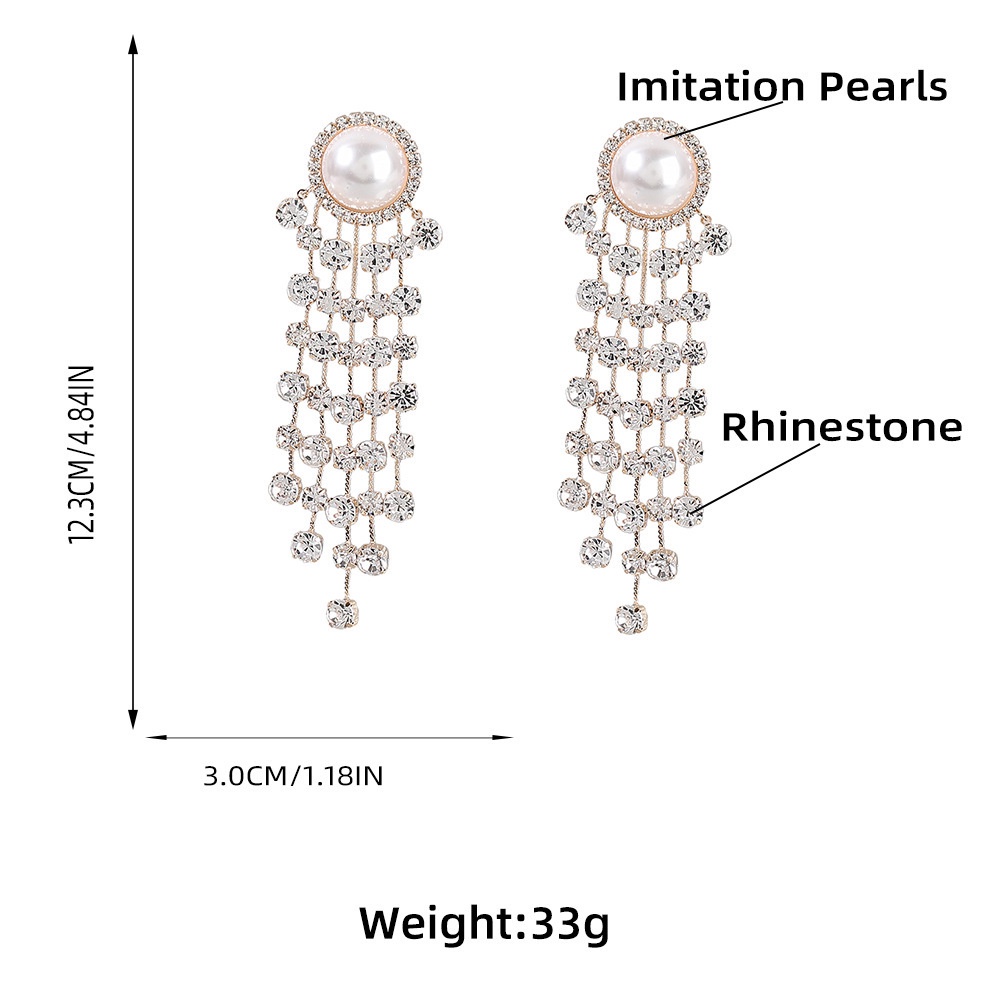 Anting Rumbai Panjang Aksen Mutiara Berlian Imitasi Bahan Alloy Untuk Wanita