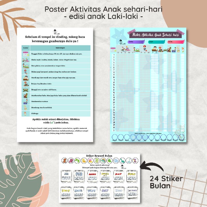 

poster kegiatan anak sehari-hari + 24 stiker bulan dan free spidol
