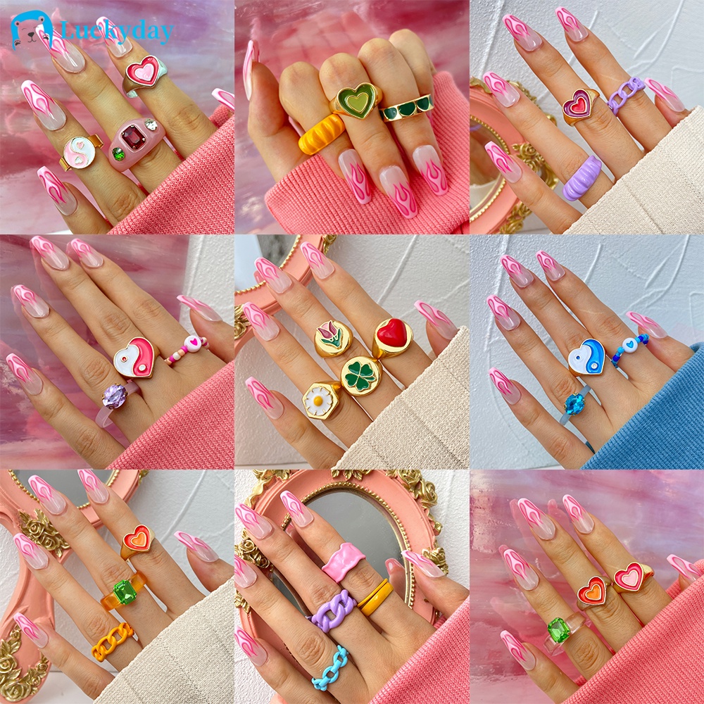 YEEZII 5Pcs/Set Korean Resin Ring Set Oil Dripping Rings Fashion Colorful Heart Tai Chi Beads Ring for Women Accessories Jewelry Gift