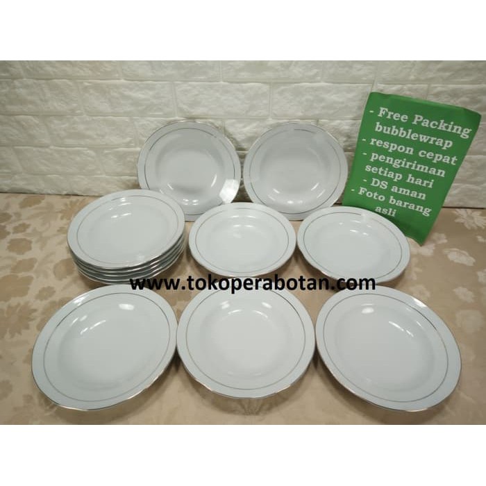 Big Sale Piring Makan keramik Sango 9inchi (lis emas) (perlusin) - Putih Murah Banget