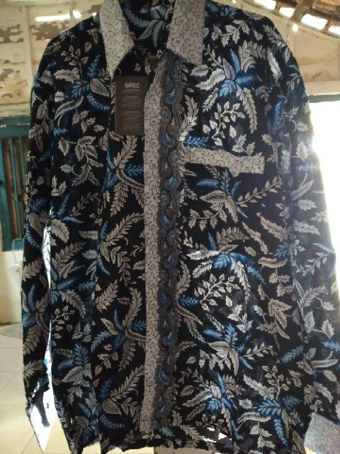 Nayshi Batik Hrb026 Baju Kemeja Batik Hem Sogan Prada Tulis Halus Original Daun Blarak Biru Pancal