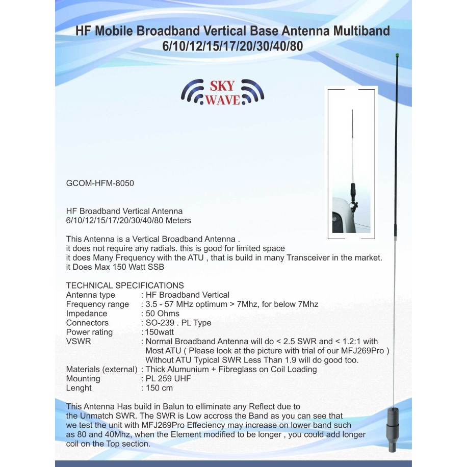 SSB HF Mobile Portable Emergency Antenna , Antena Mobil 80m-6m Band