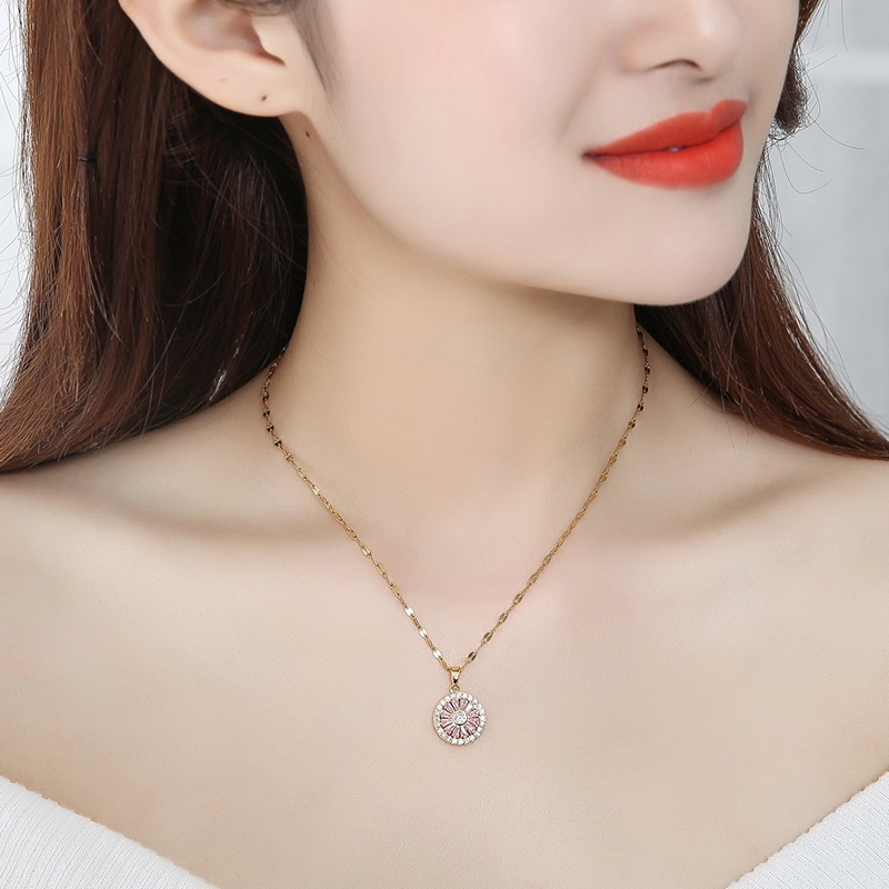 (Bisa berputar) Kalung Rantai Baja Titanium 100% Wanita, pink lucky round pendant dengan berlian, choker fashion Korea grosir