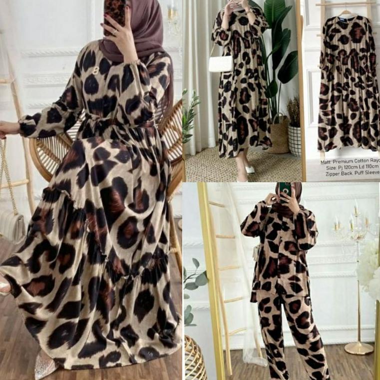 GAMIS LEOPARD DRESS JAGUARD MACAN MOA COKLAT GAMIS MAXY RAYON PREMIUM BUSUI SUSUN CANDA REMPEL JUMBO