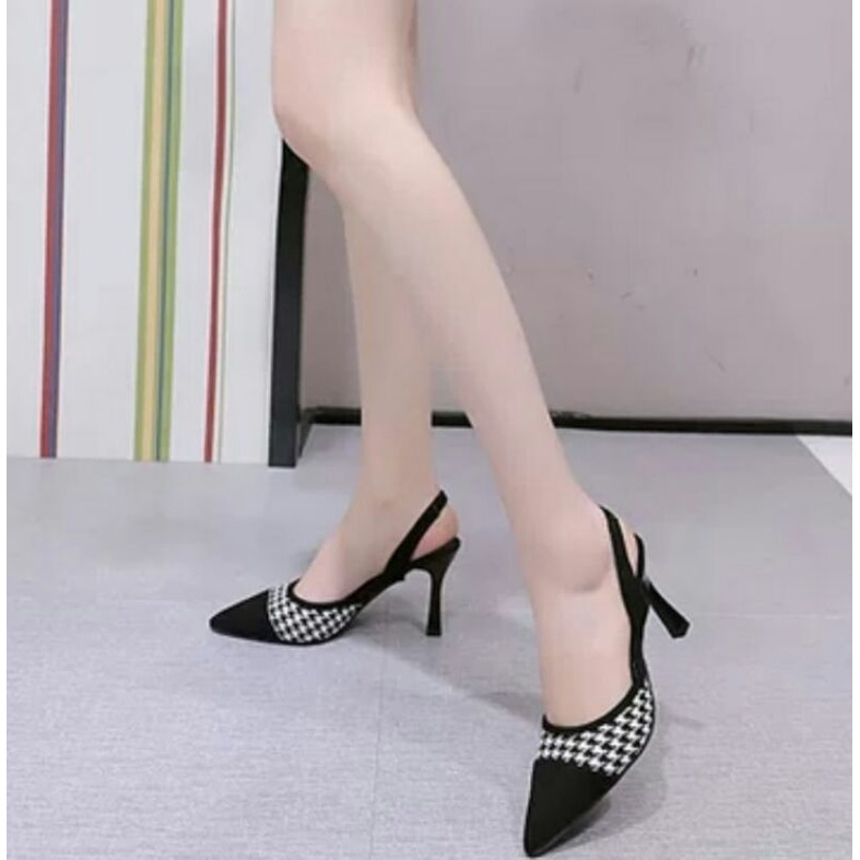 AGI6721 Heels Runcing Wanita Fashion Import Hak Tinggi Motif Kotak Ready Jakarta BIsa COD (With Box)