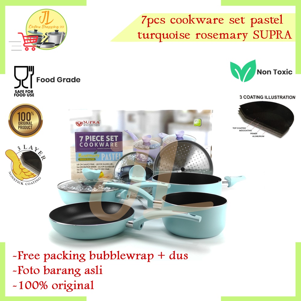 Wajan set anti lengket teflon / 7pcs cookware set pastel Turquoise SUPRA