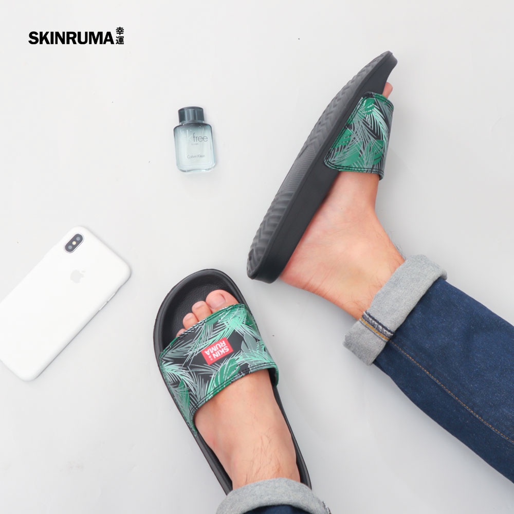 Sendal Selop Casual Pria SKINRUMA Original Leaf Green Motive Hitam / Sendal Slide Pria / Sendal Slip On Pria