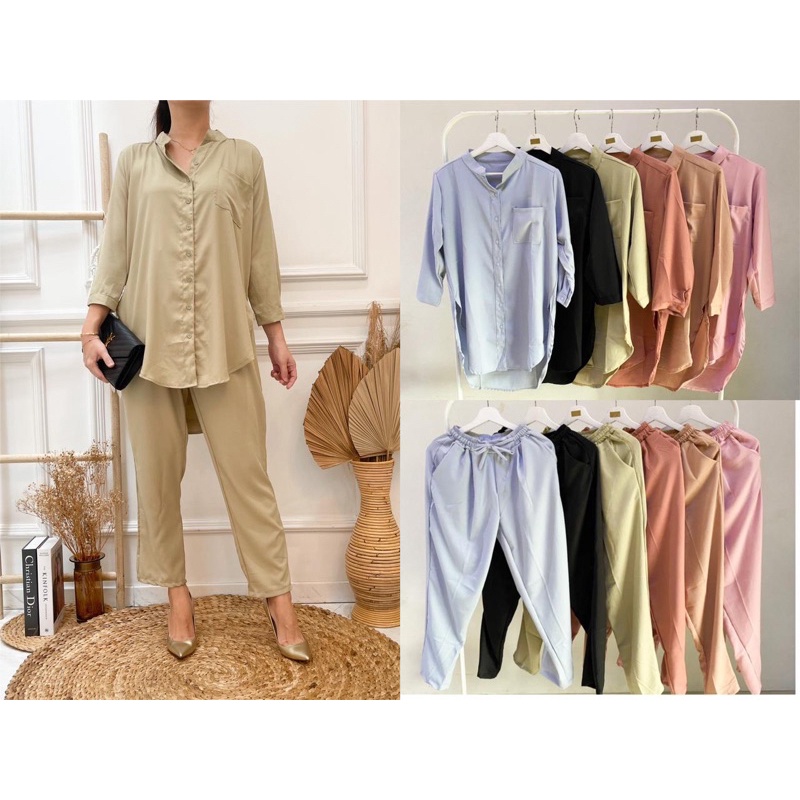 CELIA SET / ONESET BASIC / SETELAN WANITA BAHAN BOTEGA PREMIUM / SETELAN DAPAT KEMEJA + PANTS