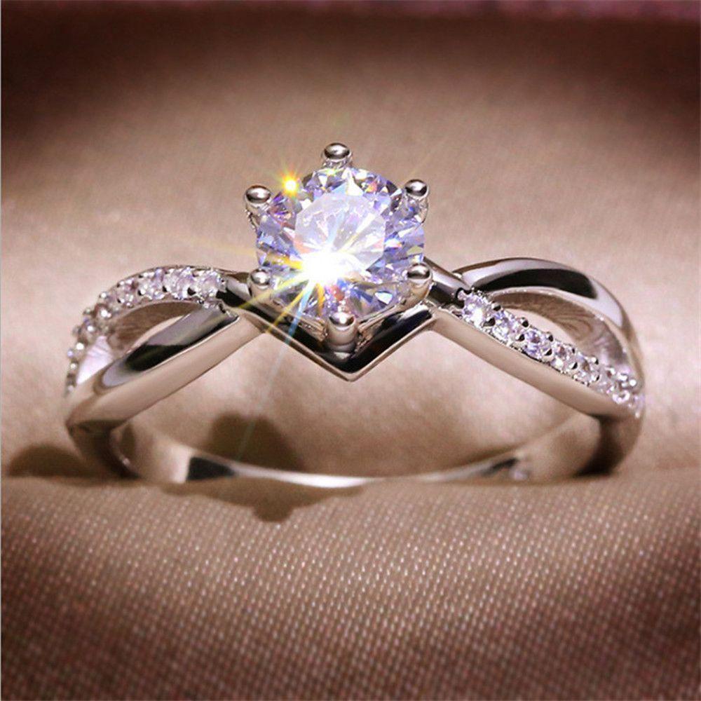 SUYO Cincin Kawin Berlian Bulat Emas &amp; Perak Wanita Klasik Ladies Ring