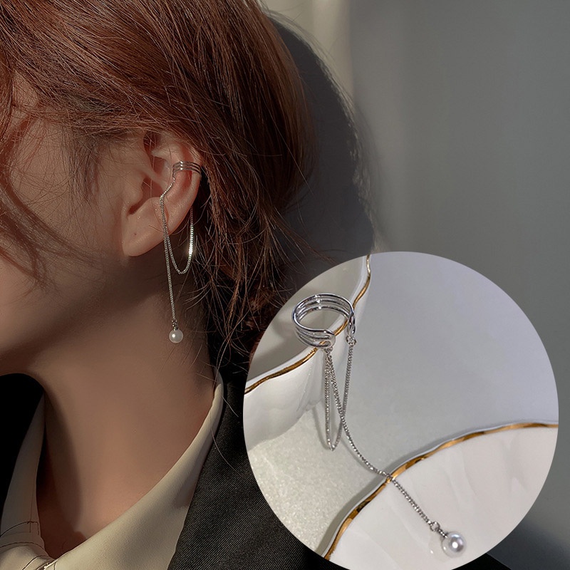 Anting Klip Tanpa Tindik Desain Geometri Hias Mutiara + Rumbai Untuk Wanita