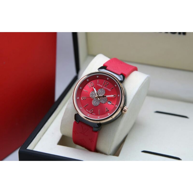 Jam tangan wanita fashion lv tanggal aktif tali kulit - bulat