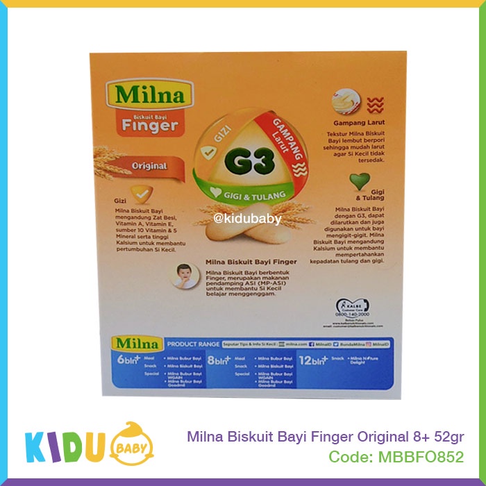 Milna Biskuit Bayi Finger Original 52gr Biskuit Bayi Cemilan Anak 8 bulan keatas  Kidu Baby