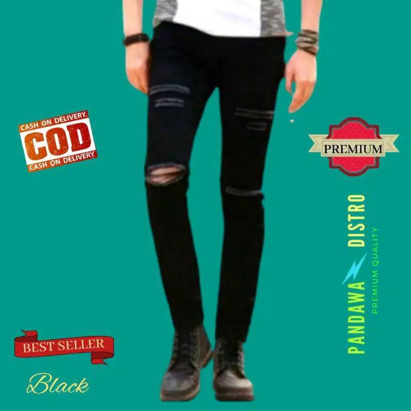 CELANA SOBEK PRIA RIPPED JEANS ROBEK STANDAR REGULER BASIC HITAM PREMIUM 27-38