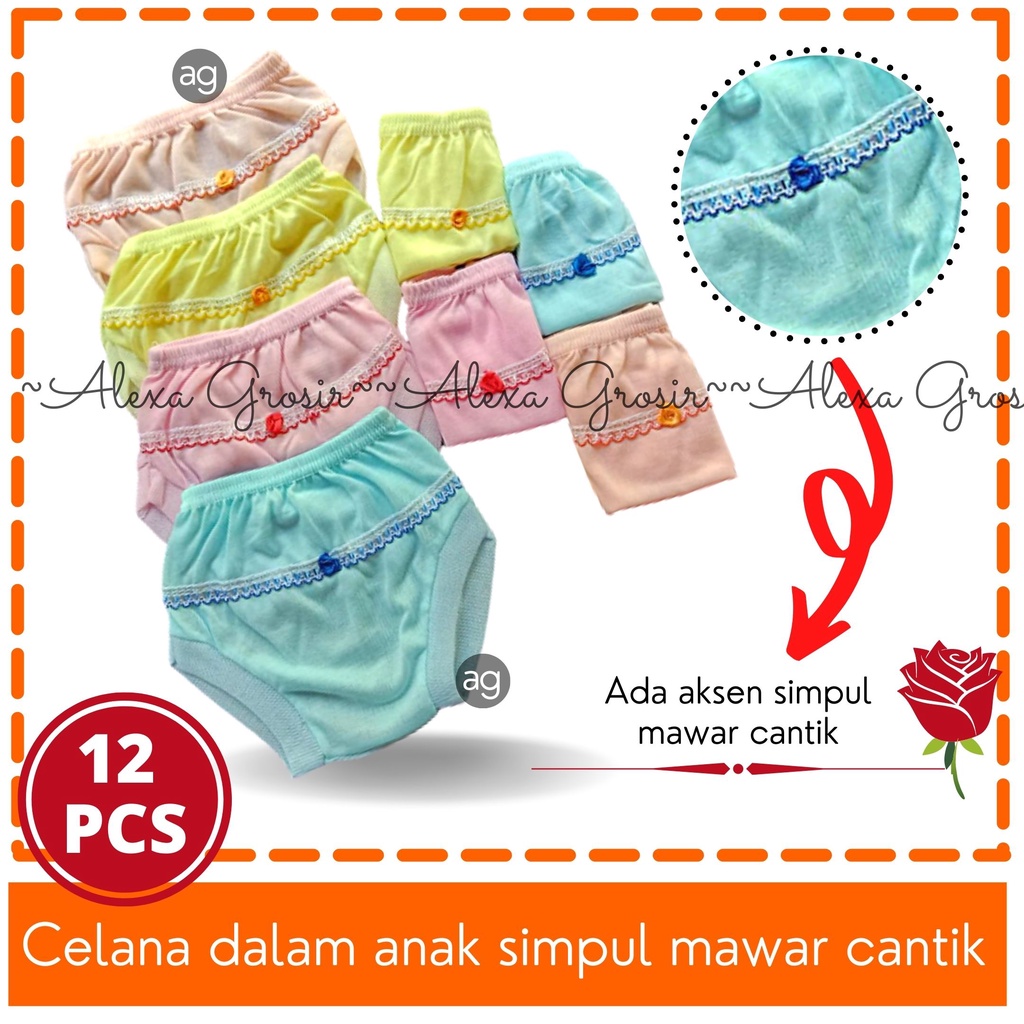 GROSIR 12 PCS CELANA DALAM ANAK PEREMPUAN MURAH RENDA SIMPUL MAWAR-ALEXA