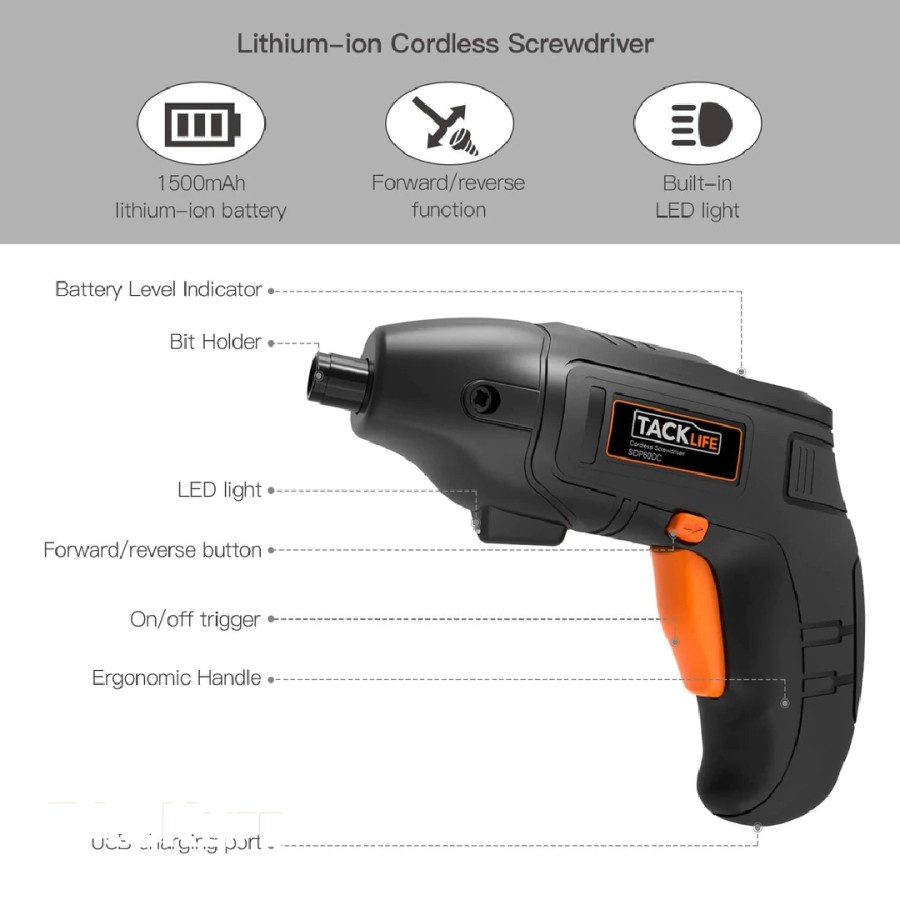 Bor Obeng Tacklife SDP60DC 200RPM Cordless Rechargeable 2000mAh